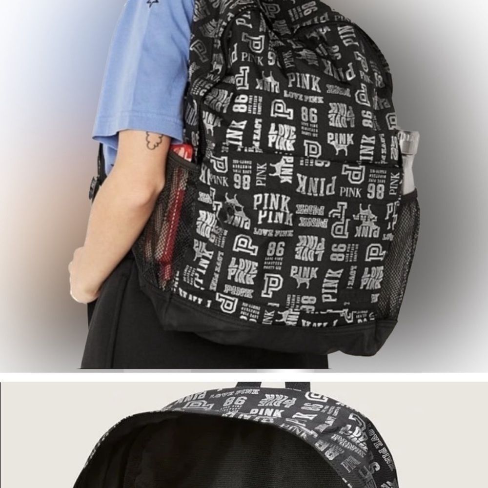 Victorias Secret Pink Backpack Classic Book Bag 2022 Black Silver Mixed … - Picture 4 of 6